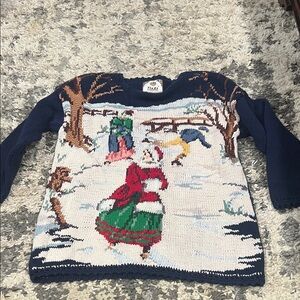 Vintage Tiara  International Festive Winter Scene Sweater - Navy and Multicolor